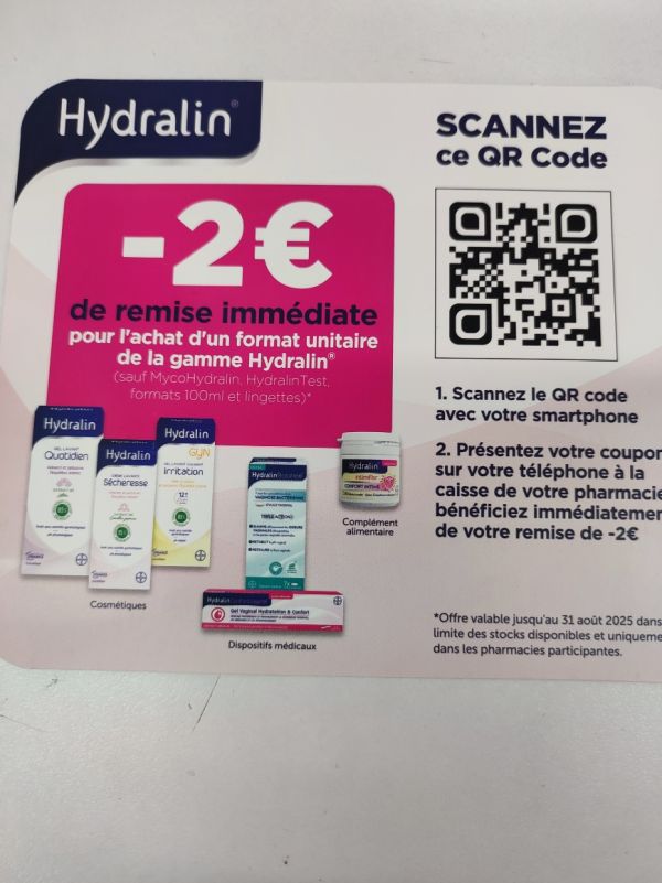 Jusqu'au 31 aout profitez de -2€ sur la gamme hydralin (sauf mycohydralin)